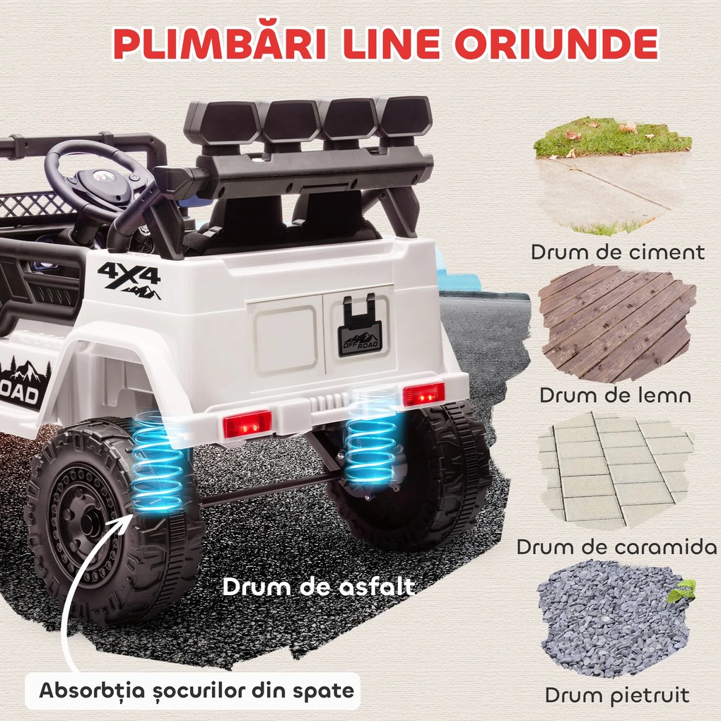AIYAPLAY Off-road pentru Copii cu Faruri, Claxon, Centură și Telecomandă, în PP și Metal, 99x66x68.5 cm, Alb | Aosom Romania