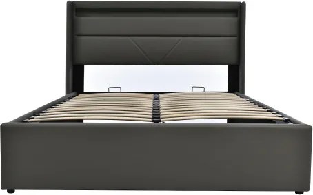 Pat dublu cu ladă de depozitare, cu LED și telecomandă, structură tapițată 140x200 cm, Gri