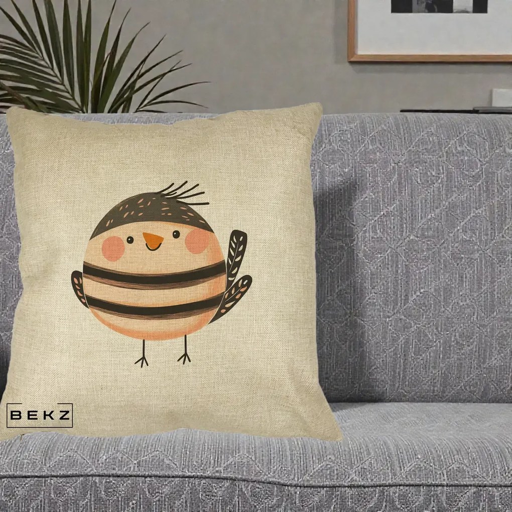 Perna Decorativa Pui Kawaii Bej-Negru Dungat, 40x40 cm, Crem, Husa Detasabila, Perna Inclusa, BEKZ®