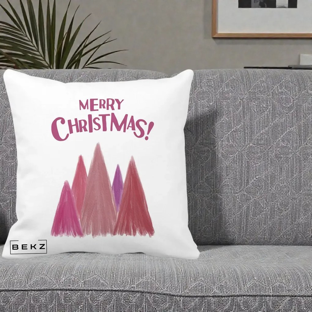 Perna Decorativa Merry Christmas Brazi Roz, 40x40 cm, Alba Mata, Husa Detasabila, Perna Inclusa, BEKZ®