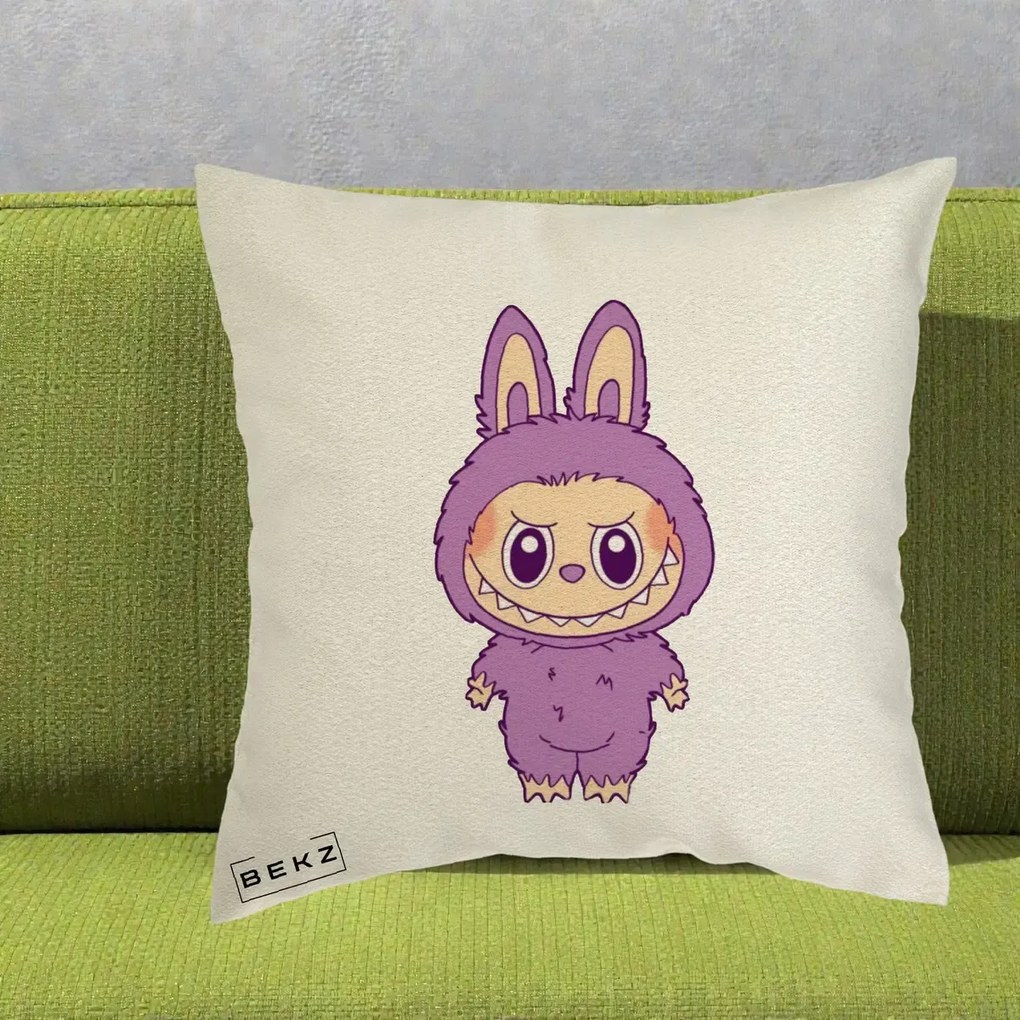 Perna Personalizata Labubu Violet Solo, 40x40 cm, Ecru, Husa Detasabila, Perna Inclusa, BEKZ®