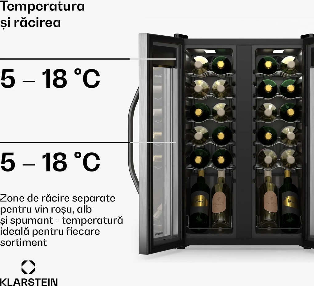 Klarstein Vinamour frigider pentru vinuri, 2 zone de răcire, 7 rafturi, control tactil, protecție UV
