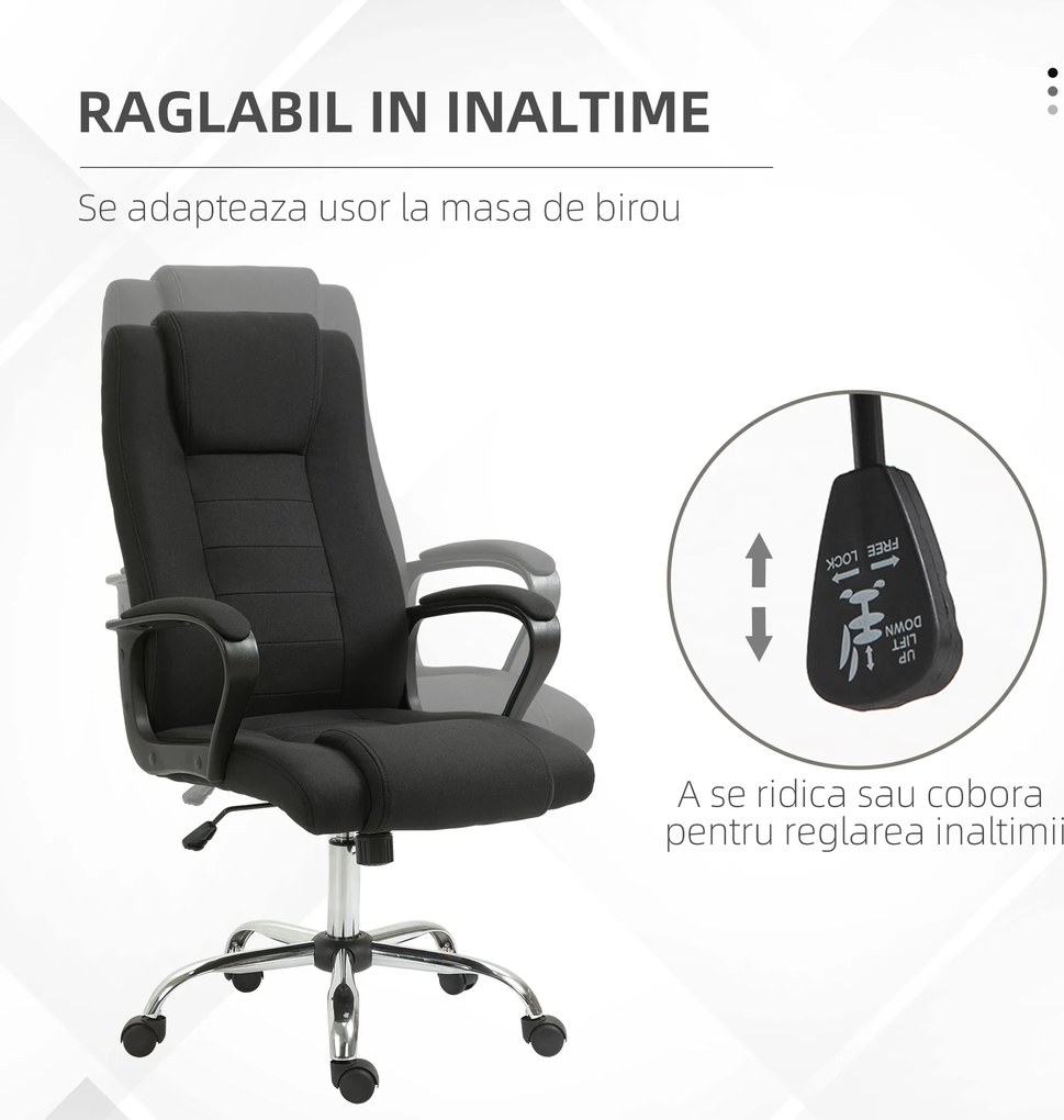 Vinsetto Scaun de Birou Ergonomic, Basculant și Captusit cu Înălțime Reglabilă, 62x76x110-119 cm, Negru | Aosom Romania