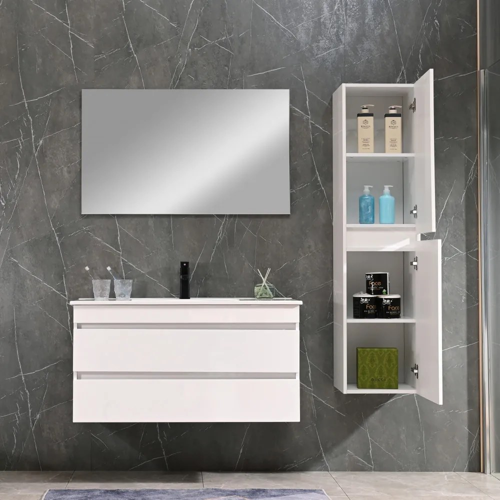 Mobilier de baie Cube 100 cm cu chiuvetă ceramică (2 sertare) și oglindă 60x100 cm vopsită în alb lucios