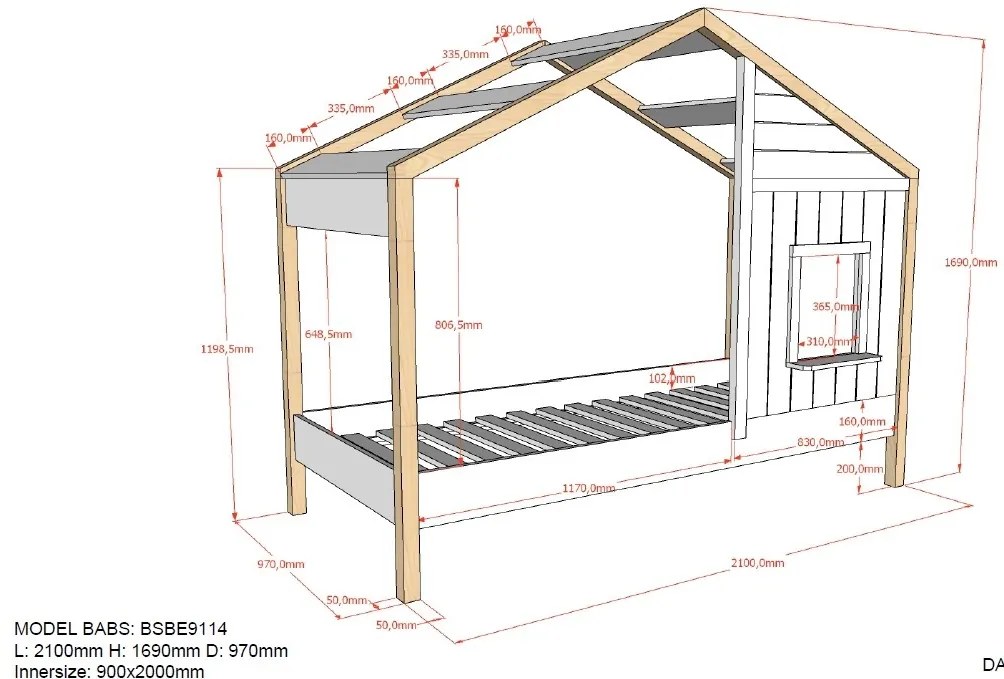 Pat Căsuță pentru Copii, 90x200 cm, Alb/Natural (Pin Masiv și MDF) – Babs – Vipack
