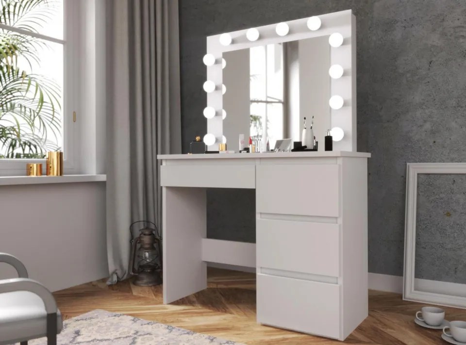 SEA505 - Set Masa toaleta cosmetica machiaj oglinda masuta vanity, oglinda cu LED-uri cu sau fara priza, cu sau fara scaun - Alb