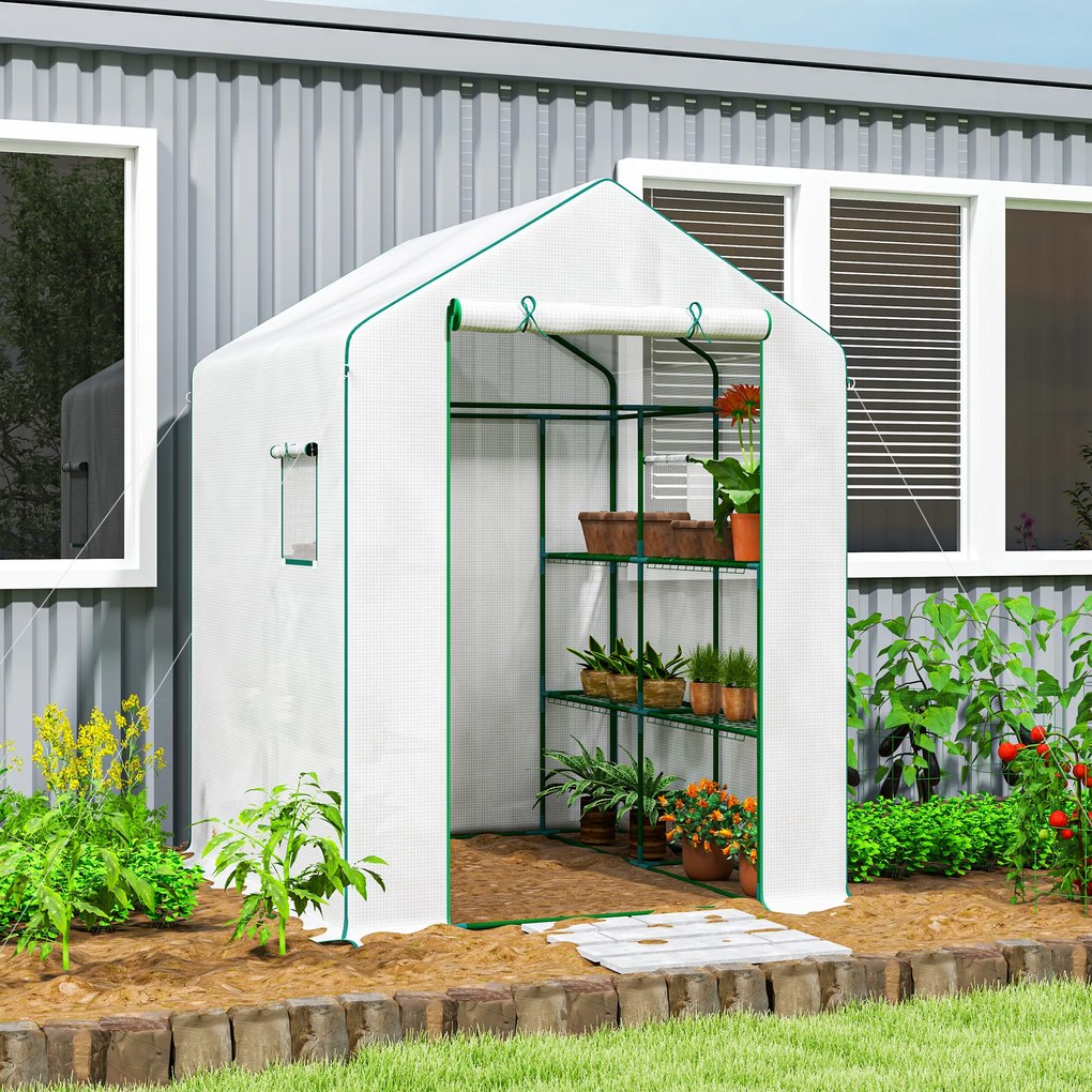 Outsunny Seră de grădină cu 1 ușă 2 ferestre rafturi 3 nivele pentru Legume Plante Flori Pânză PE 140 x 143 x 190 cm alb | Aosom Romania