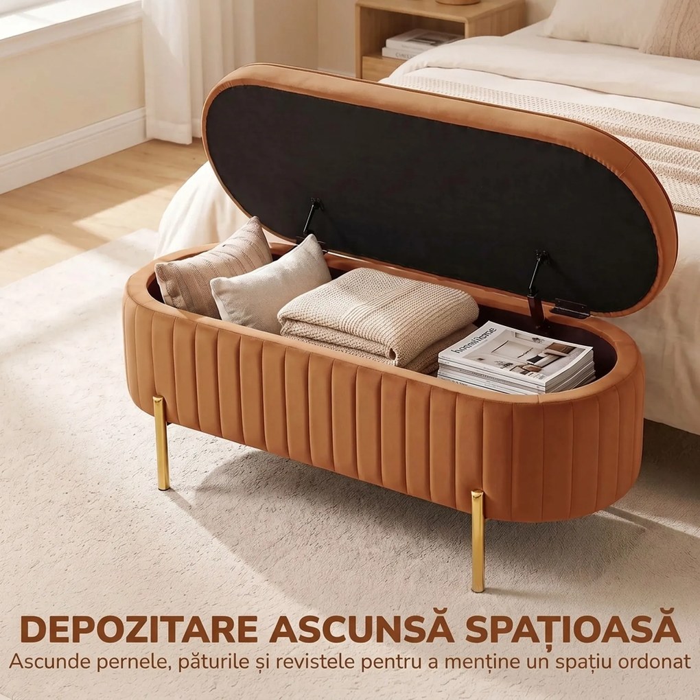 HOMCOM Banchetă Ovală cu Depozitare 72 L, cu Capac Rabatabil, din Material Catifelat și Lemn, 108x44x43,5 cm, Maro Auriu | Aosom Romania
