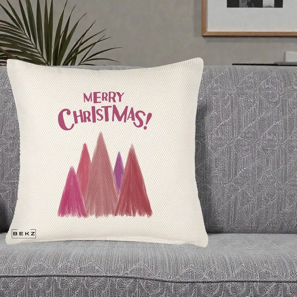 Perna Decorativa Merry Christmas Brazi Roz, 40x40 cm, Crem Reliefat, Husa Detasabila, Perna Inclusa, BEKZ®