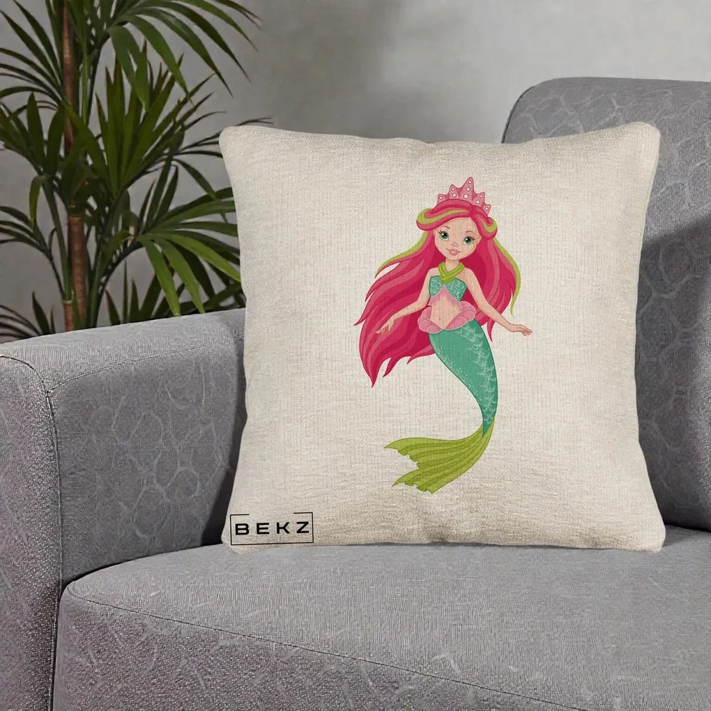 Perna Decorativa Sirena Roz cu Coroana, 40x40 cm, Bej Canapea, Husa Detasabila, Perna Inclusa, BEKZ®