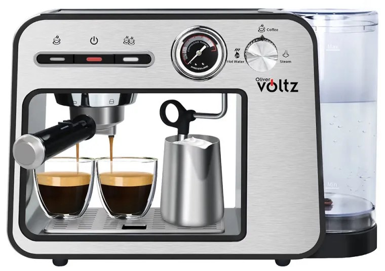 Espressor Oliver Voltz OV51171H, 1450W, 15 bar, 1L, Cafea macinata, Spumare lapte, Incalzire cesti, Inox