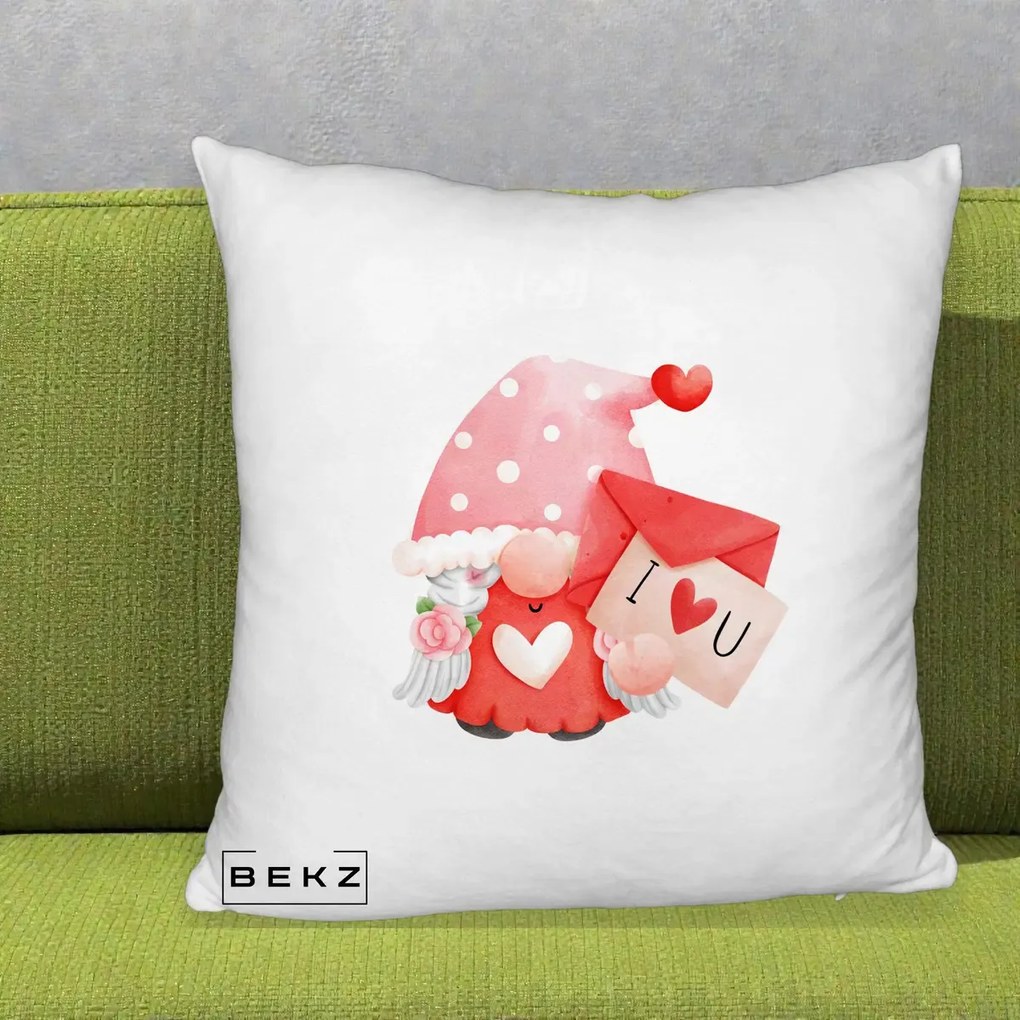 Cadou Romantic - Perna Personalizata I Love You Gnome Valentine cu Scrisoare, 40x40 cm, Alb Pufos, Husa Detasabila, Perna Inclusa, BEKZ®