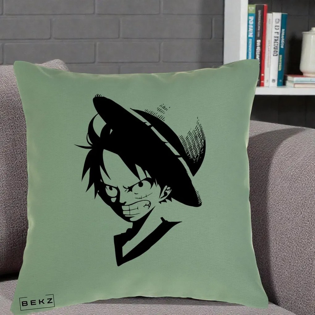 Perna Personalizata One Piece Luffy Silueta Alb-Negru, 40x40 cm, Verde, Husa Detasabila, Perna Inclusa, BEKZ®