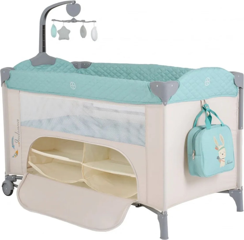 Patut pliant transformabil in tarc copii NOVOKIDS™ Indiana NEST, 62X125 cm, 2 Niveluri, Jucarie Carusel muzical, Fermoar acces lateral, Geanta bebe,