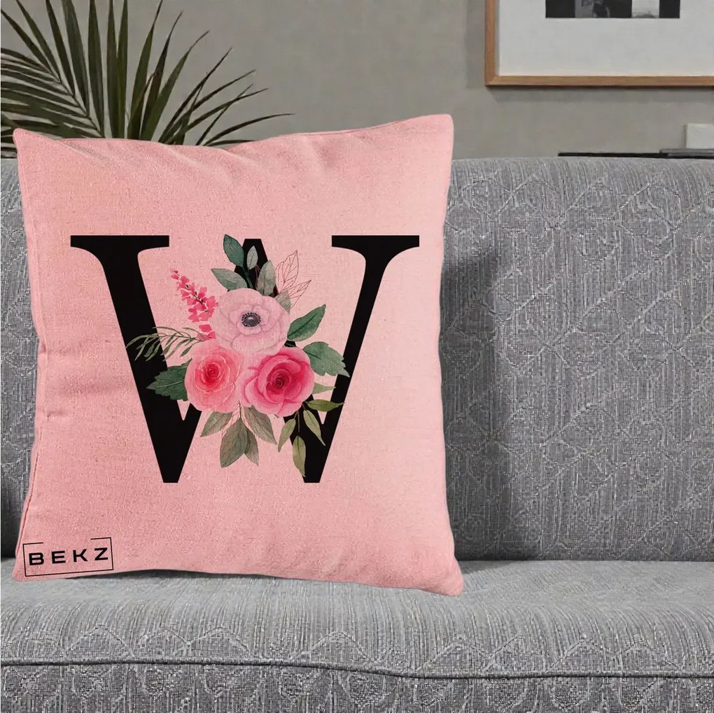 Cadou Personalizat - Perna Personalizata Monograma Florala Litera W cu Trandafiri si Anemona, 40x40 cm, Roz, Husa Detasabila, Perna Inclusa, BEKZ®