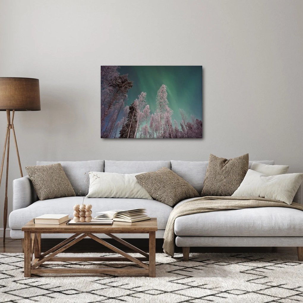 Tablou cu aurora borealis deasupra pomilor înghețați (70x50 cm)