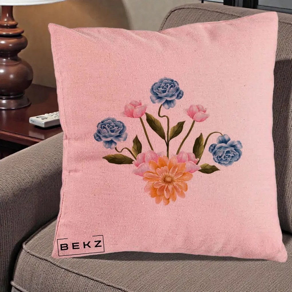Perna Decorativa Buchet Primavara Acuarela, 40x40 cm, Roz, Husa Detasabila, Perna Inclusa, BEKZ®