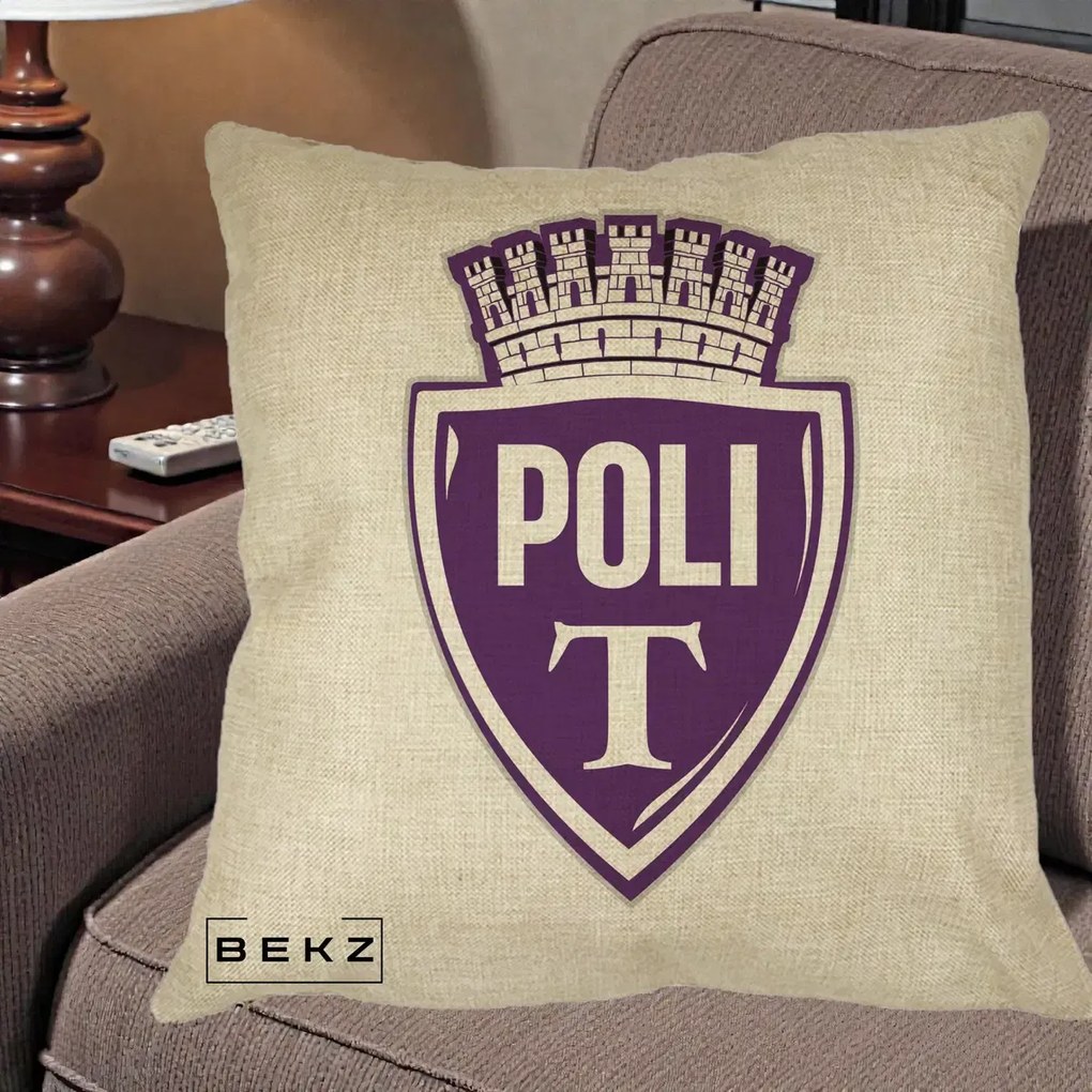 Perna Personalizata Poli Timisoara Fotbal, 40x40 cm, Crem, Husa Detasabila, Perna Inclusa, BEKZ®