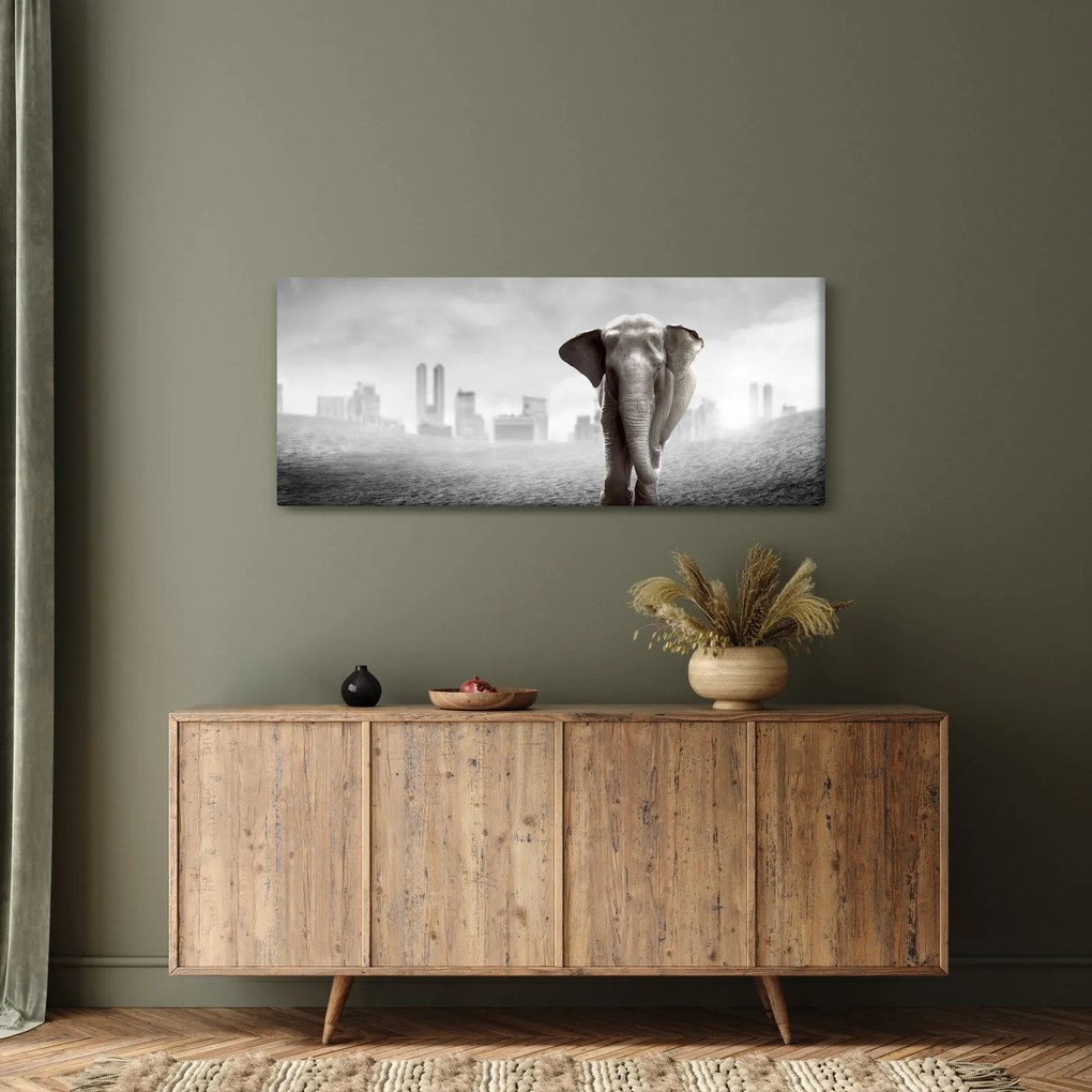 Tablou - Elefanți în oraș, versiunea alb-negru (120x50 cm)