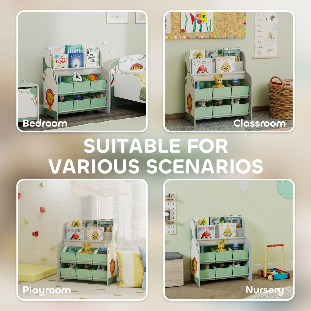 AIYAPLAY Raft Suport pentru Jucării cu 6 Sertare și Bibliotecă cu 2 Niveluri Verde | Aosom Romania