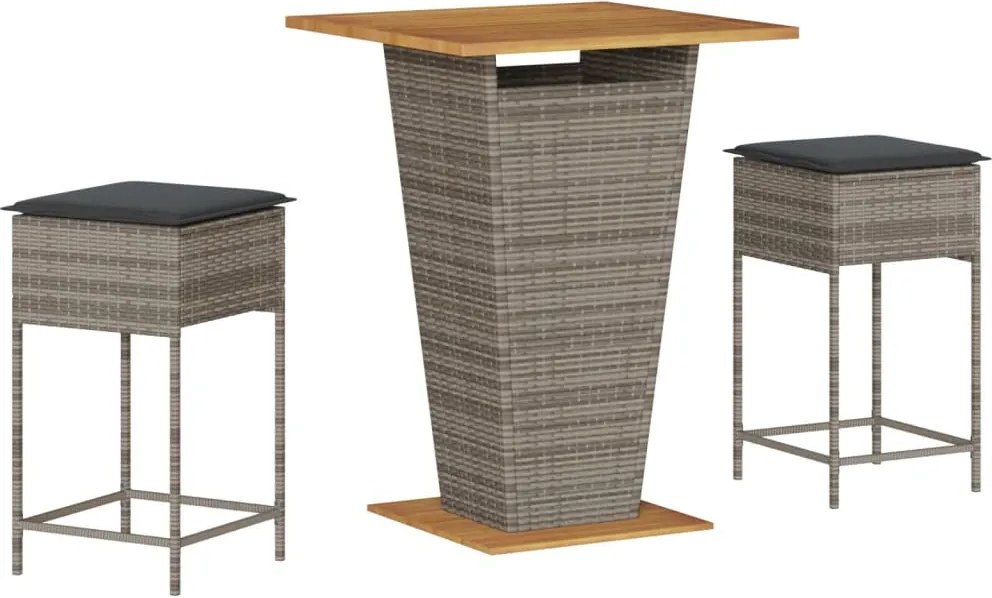 vidaXL Set mobilier bar de grădină, cu perne, 3 piese, gri, poliratan