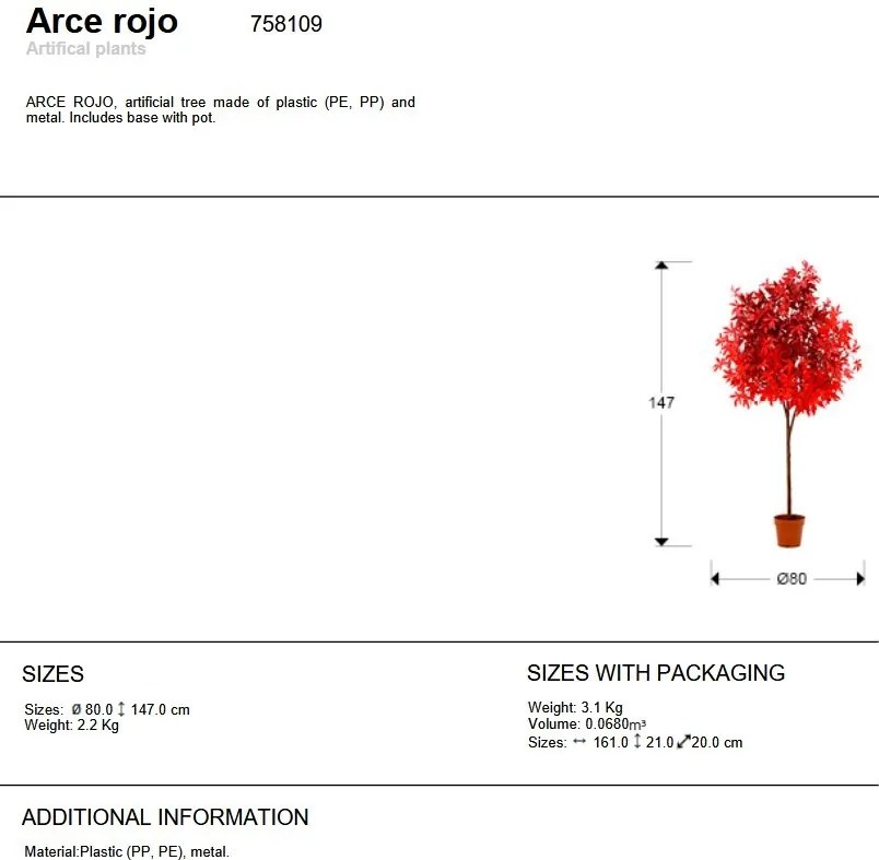 Planta artificiala, Artar rosu H-147cm