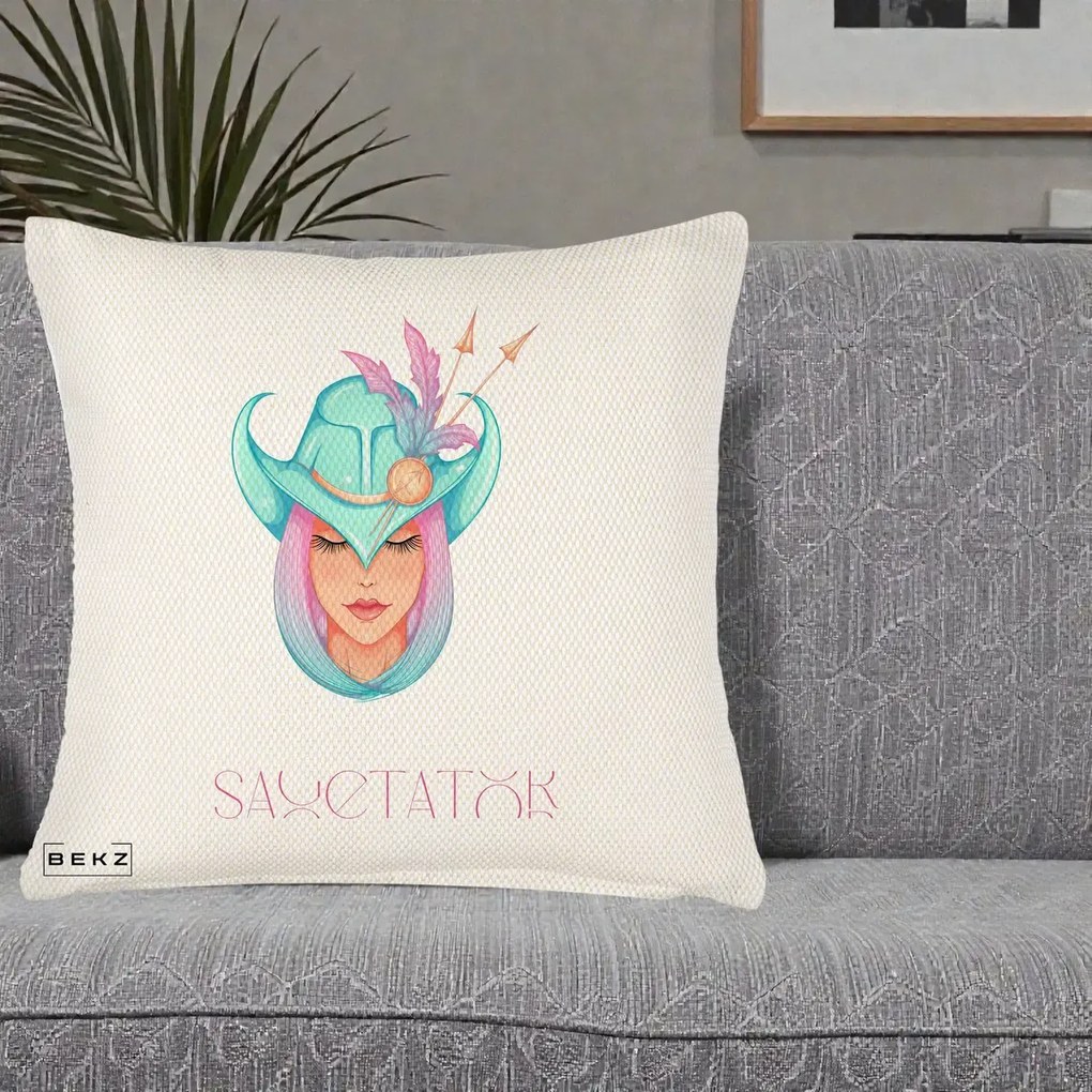 Perna Personalizata Zodiac Sagetator Cowgirl, 40x40 cm, Crem Reliefat, Husa Detasabila, Perna Inclusa, BEKZ®