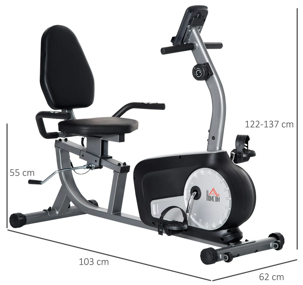 HOMCOM Bicicletă de Exerciții Înclinată Orizontală cu 8 Nivele de Rezistență, Monitor LCD și Scaun Reglabil, 122-137x62x103 cm, Gri | Aosom Romania