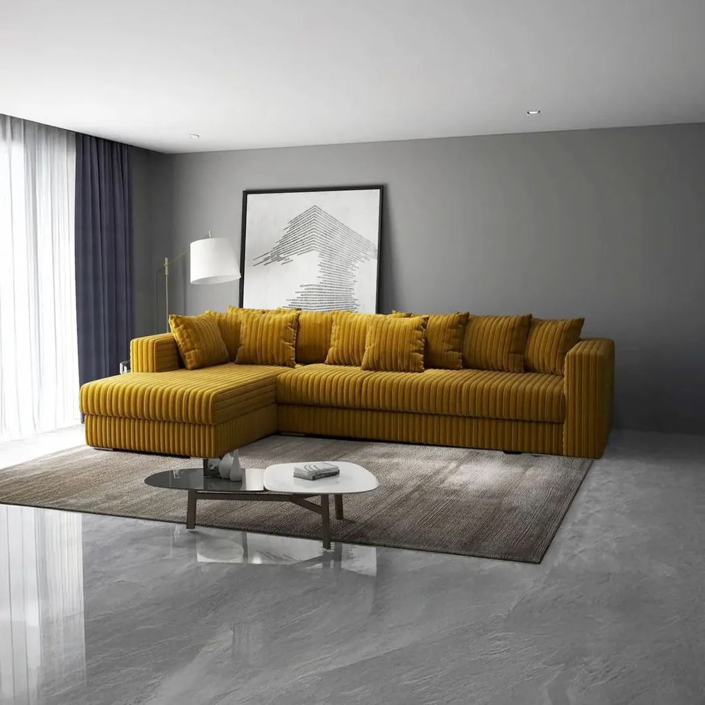 Colțar extensibil dumonde cu ladă de depozitare si sezut confortabil din spuma high-density, Gloria Ambience Mustar 320x183 cm