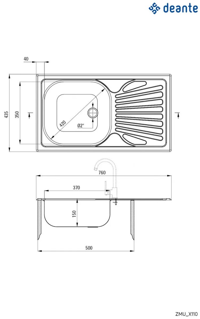 Chiuvetă din inox, 1-cuvă cu picurător, Techno, ZMU_3110