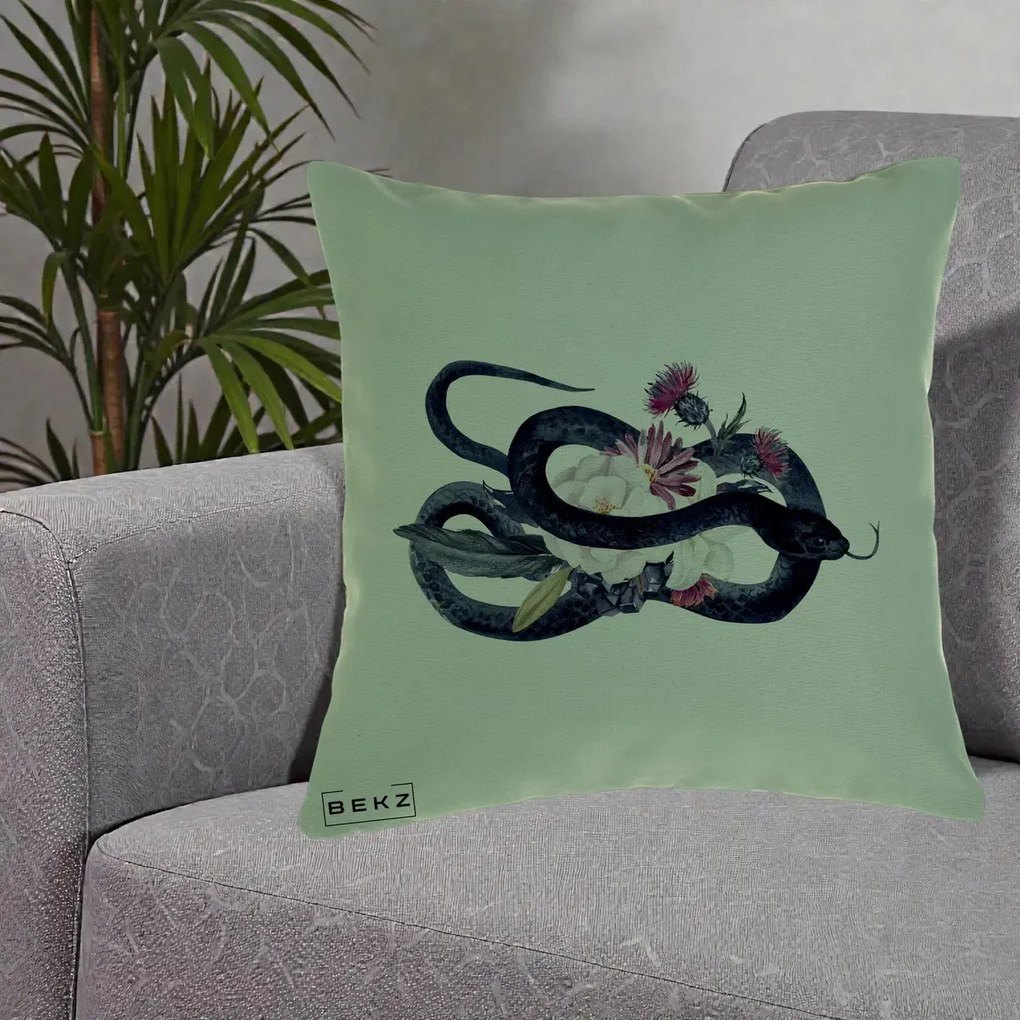 Perna Decorativa Sarpe Negru cu Flori Gothic, 40x40 cm, Verde, Husa Detasabila, Perna Inclusa, BEKZ®