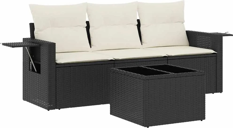 vidaXL Set mobilier de grădină cu perne, 4 piese, negru, poliratan