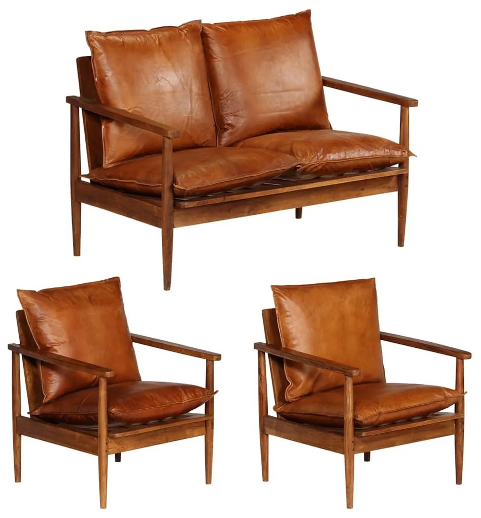 3099031 vidaXL Set canapea, 3 piese, maro, piele naturală/lemn masiv acacia