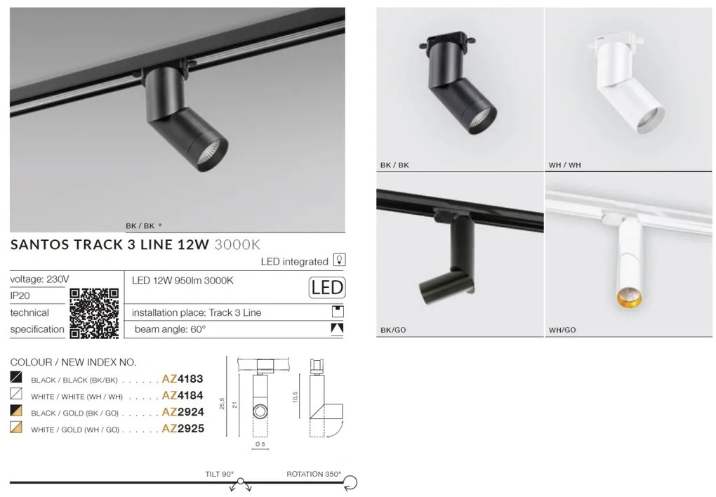 Spot LED directionabil pe sina SANTOS TRACK 3Line 12W alb