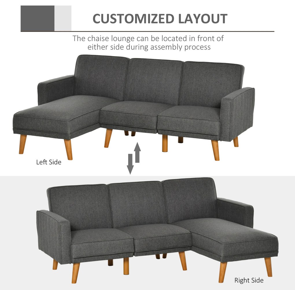HOMCOM Canapea Extensibila din Tesatura Gri, Canapea Coltar cu 3 Locuri cu Scaun Reversibil si Spatar Reglabil