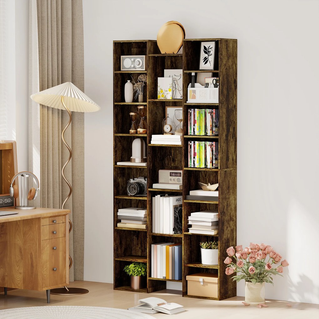 HOMCOM Bibliotecă modernă din lemn înaltă 181 cm cu 21 de compartimente și 10 rafturi reglabile, Maro Rustic | Aosom Romania
