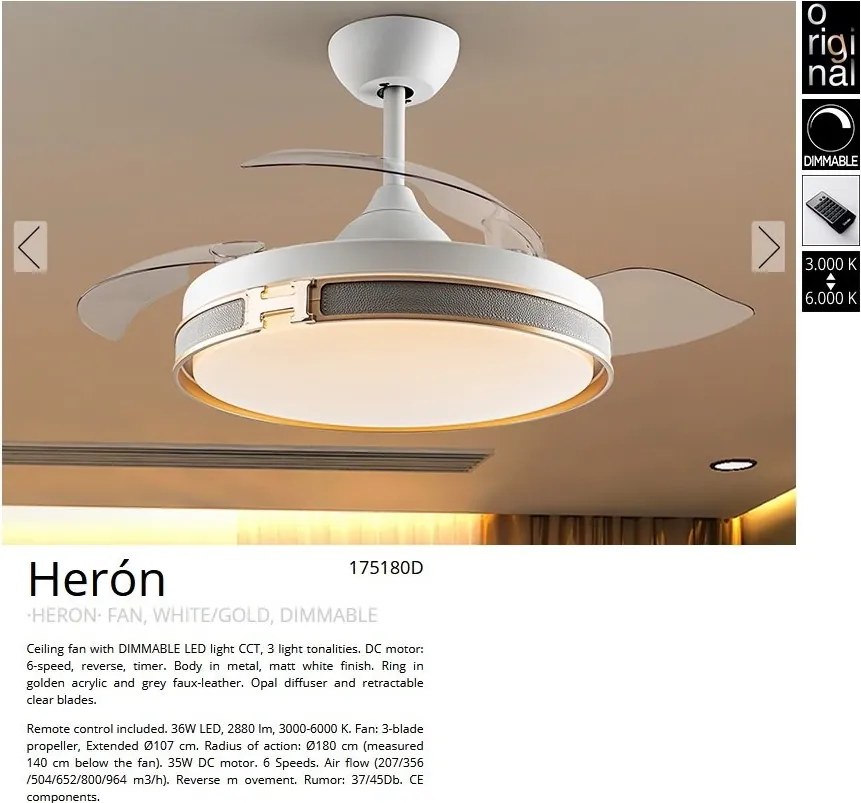 Lustra LED cu Ventilator si telecomanda, lame retractabile HERON alb/auriu
