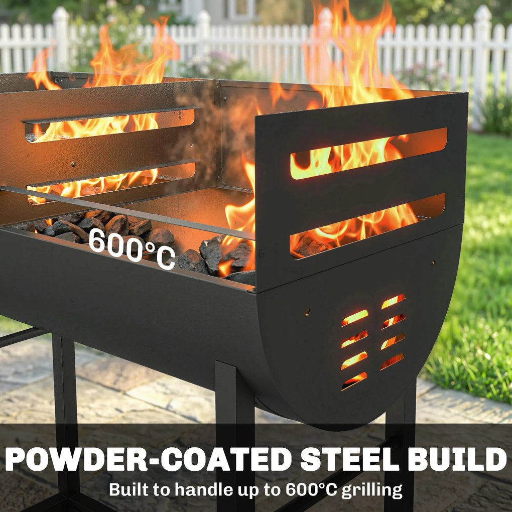 Outsunny Grătar pe cărbune cărucior cu 2 zone de gătit grilă reglabilă pe înălțime raft pentru lemne roți mâner lateral, 103 x 46,5 x 100cm | Aosom Romania