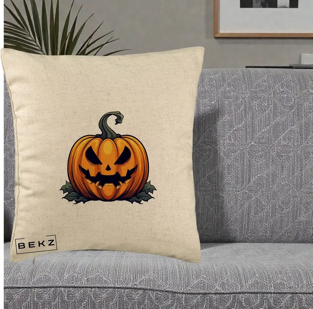 Perna Decorativa Halloween Jack-o'-Lantern Infricosator, 40x40 cm, Bej, Husa Detasabila, Perna Inclusa, BEKZ®