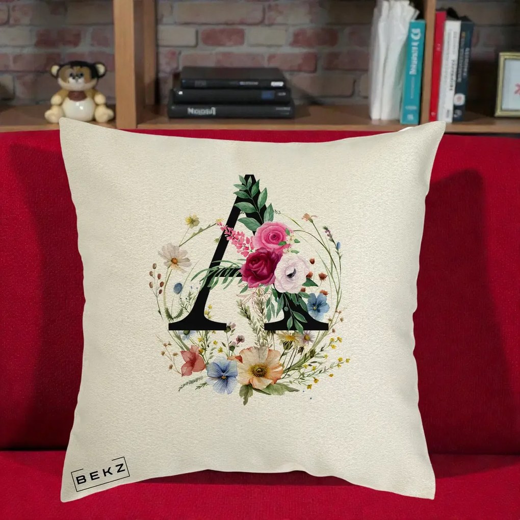 Cadou Personalizat - Perna Personalizata Monogram Litera A cu Flori Acuarela, 40x40 cm, Ecru, Husa Detasabila, Perna Inclusa, BEKZ®