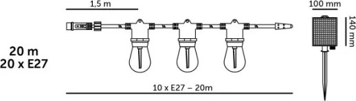 Ghirlandă solară LED dimabilă STARLIGHT NEO 20 x E27 / 3,7 V, 2700 K, IP54, 2400 mAh, 21,5 m + telecomandă