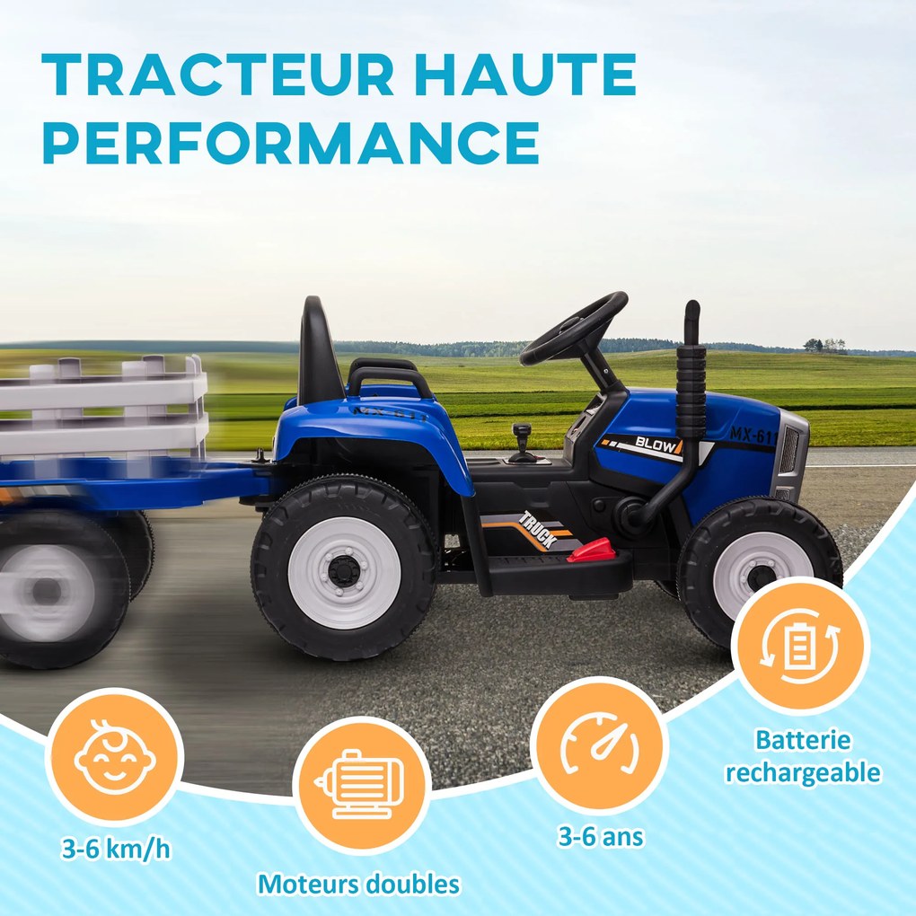 HOMCOM Tractor electric cu remorcă detașabilă, pentru copii de la 3 la 6 ani cu telecomandă MP3 muzică afișaj lumini | Aosom Romania
