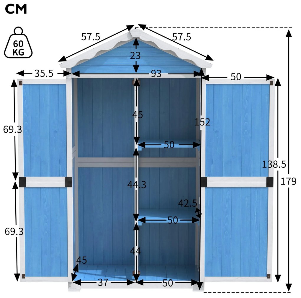 Depozit pentru mobilier de grădină din lemn pentru exterior, design rezistent la intemperii cu întărituri stabile în formă de X, 93x45x179 cm, Albastru