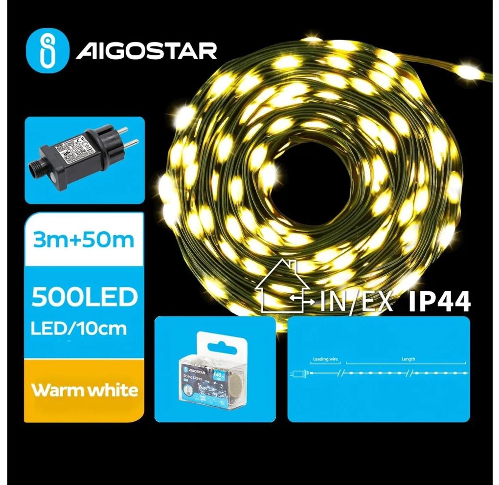 Aigostar - Instalație luminoasă de exterior pentru Crăciun, 500 LED, 8 funcții, 53 m, IP44, alb cald