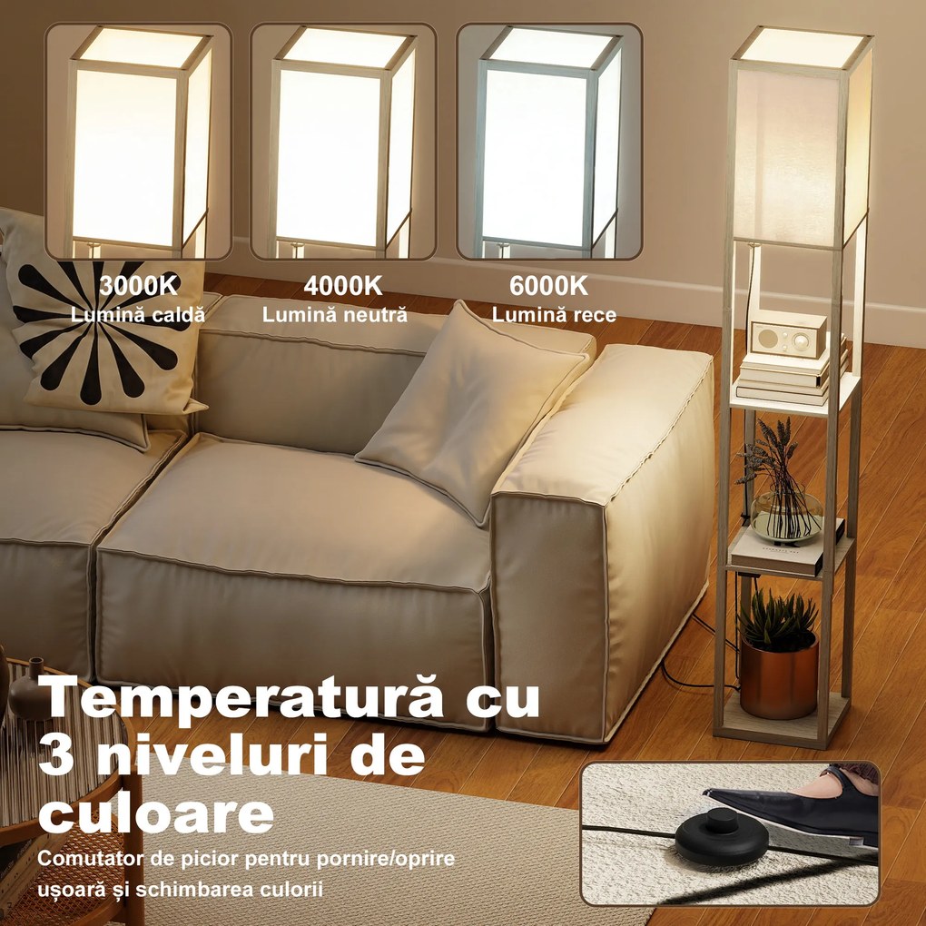 HOMCOM Lampă de Podea LED cu Rafturi, Lampă Modernă cu Comutator cu Pedală și Porturi USB, Lumină cu Culori Reglabile pentru Living și Dormitor, Stejar | Aosom Romania