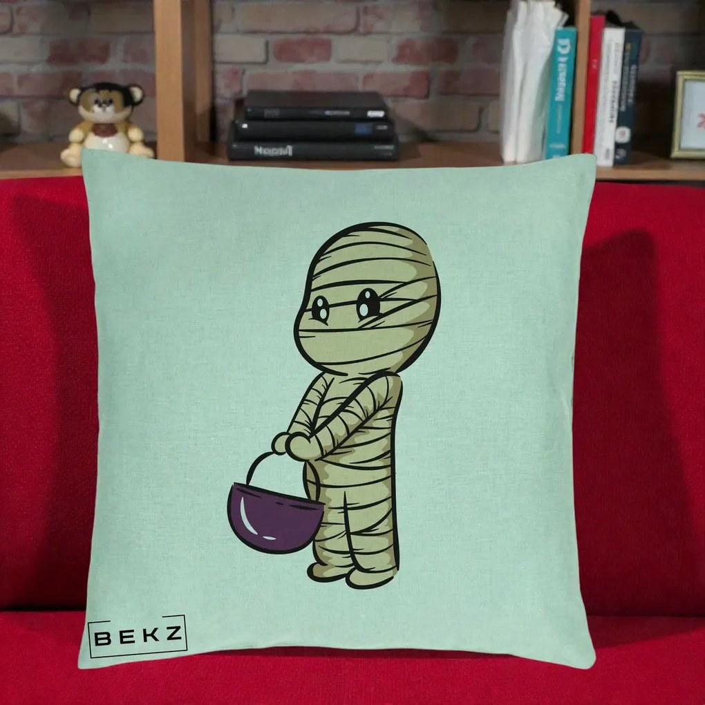 Perna Decorativa Halloween Mummy Kawaii cu Cos, 40x40 cm, Verde Menta, Husa Detasabila, Perna Inclusa, BEKZ®
