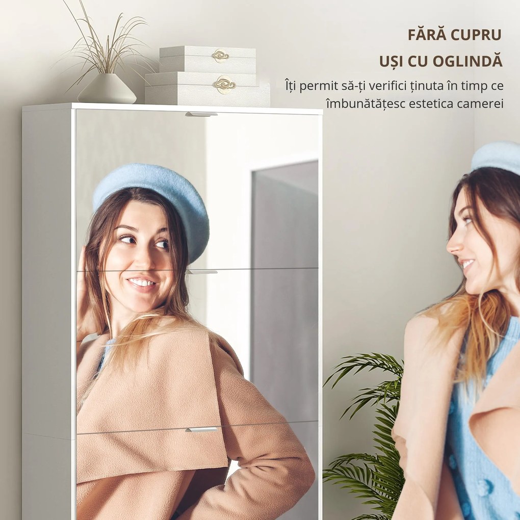 HOMCOM Dulap pentru Depozitarea Încălțămintei cu Uși, Oglindă și 3 Sertare Rabatabile, 76x26x168 cm, Alb | Aosom Romania