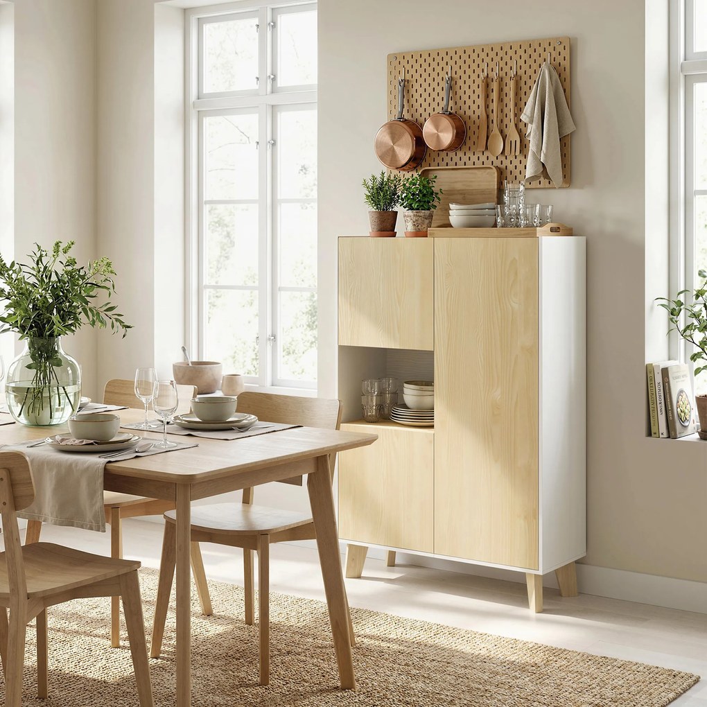 HOMCOM Bufet pentru living, mobilier de depozitare cu 6 compartimente și uși cu închidere amortizată, 80x40x135cm, alb și lemn natural | Aosom Romania