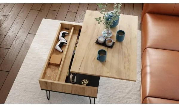 Masă de cafea HALIJA cu blat rabatabil și poliță, stejar craft/negru