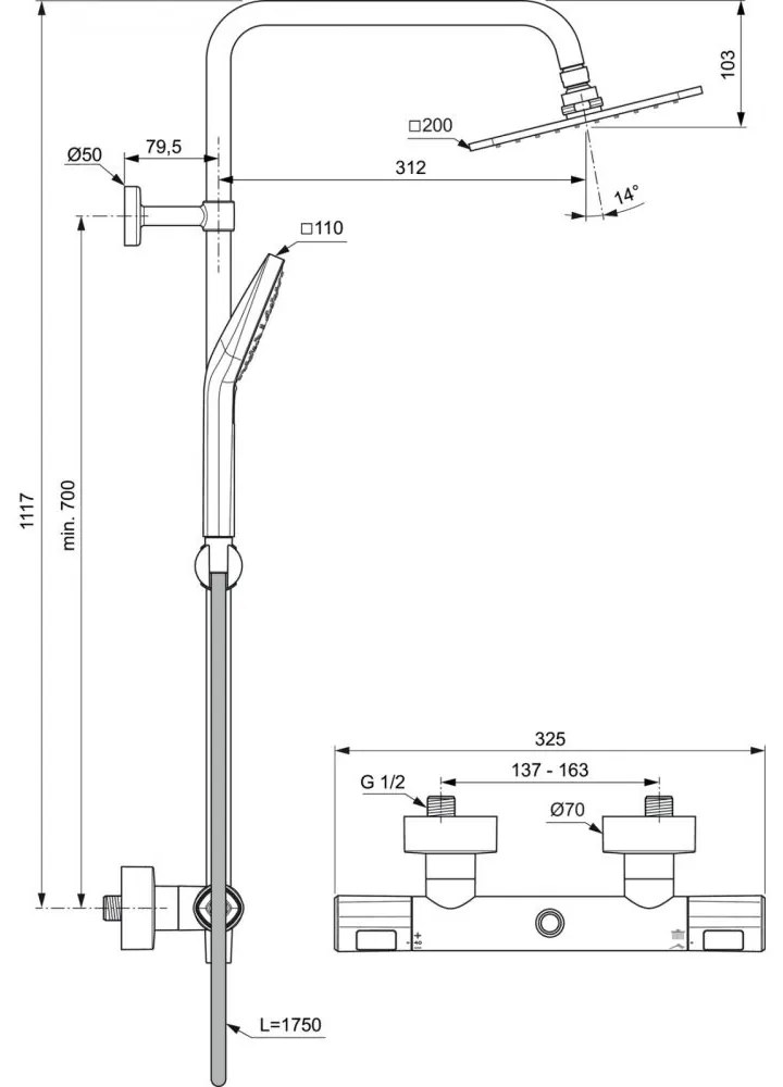 Coloana de dus cu baterie termostatata Ideal Standard Ceratherm T100 crom lucios, palarie patrata